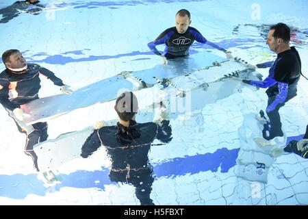 Ingenieure testen des Modells der Ikarus-Antenne in eine Therme in Konstanz, Deutschland, 20. Oktober 2016. Forscher vom Max-Planck-Institut testet derzeit ein Modell für eine große Antenne für das interstellare Ikarus-Projekt. Foto: Felix Kaestle/dpa Stockfoto