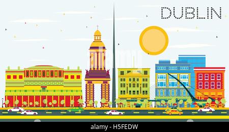 Dublin-Skyline mit Farbe Gebäuden und blauer Himmel. Vektor-Illustration. Geschäftsreisen und Tourismus-Konzept Stock Vektor