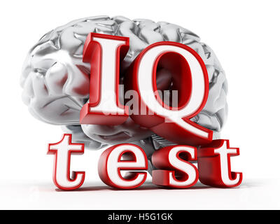 Menschliche Gehirn und IQ test Text isoliert auf weißem Hintergrund. 3D Illustration. Stockfoto