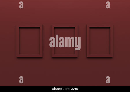 Satz von leeren roten Bilderrahmen an Wand 3D-Rendering Stockfoto