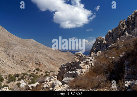 Die Wüstung oder Chorio, Chalki Insel in der Nähe von Rhodos, Dodekanes, Griechenland. Stockfoto