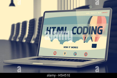 Landing-Page der Laptop mit HTML-Code Konzept. 3D. Stockfoto