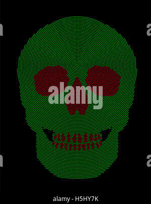 Schädel-grüne und rote Radial dot Muster. Symbol der Knochenstruktur eines Kopfes eines Skeletts. Durch Punkte gebildet. Stockfoto