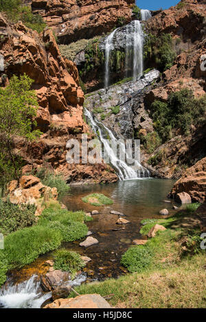 Weitwinkel des Wasserfalls an der Walter Sisulu National Botanical Garden in Roodepoort Stockfoto