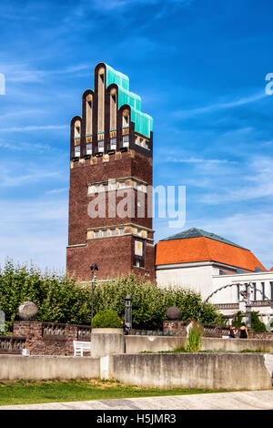 Hochzeitsturm, Hochzeitsturm und Ausstellungsgebäude.  Deutschen Jugendstil-Künstlers "Kolonie. Mathildenhöhe, Darmstadt, Deutschland Stockfoto