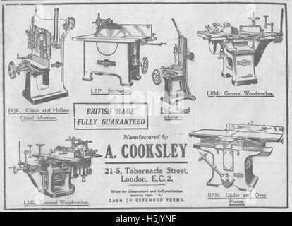 Jahrgang Grafik Werbung für A. Cooksley Holzbearbeitungsmaschinen 20. Dezember 1935 Die illustrierte Tischler und Builder Magazine Stockfoto