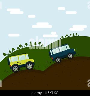 Zwei off Road-Fahrzeuge den Berg hinauf. Sport-Abenteuer. Steinen und Erde auf dem Boden. Landschaft im Hintergrund. Stock Vektor