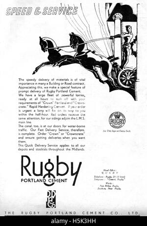 Vintage Werbung für Portlandzement mit einem Art-deco-Stil Streitwagen, gezogen von zwei Pferden vom 20. Dezember 1935 in der Zeitschrift Illustrated Zimmermann und Baumeister Stockfoto