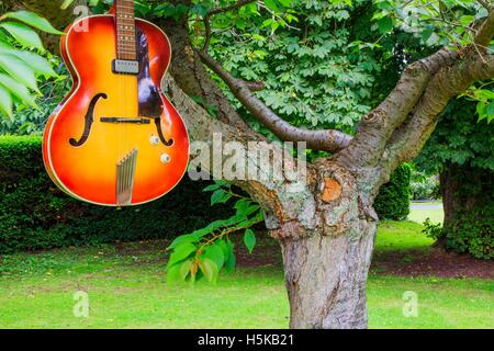 Eine rote und gelbe Hofner Akustikgitarre hängen von Ästen in einem park Stockfoto