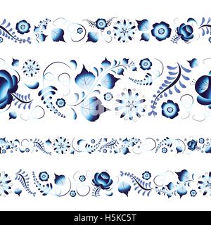 Satz von nahtlosen Grenzen mit russischen traditionellen Gzhel Muster Stock Vektor