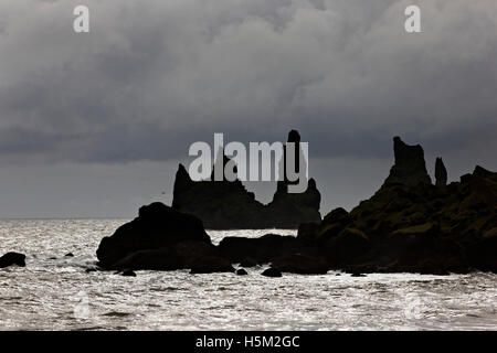 60 Meter hohen Stapel aus Meer, Mýrdalur, South East Island, Nordatlantik, Europa Stockfoto