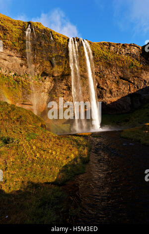 Wasserfall Seljalandsfoss, Südisland, Nordatlantik, Europa Stockfoto