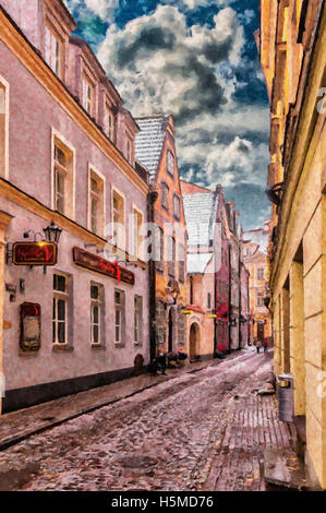 Digitale Malerei von einer der vielen malerischen kleinen Gassen in der alten Stadt-Region von Riga. Stockfoto