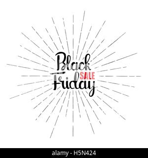 Black Friday Sale handschriftlich Schriftzug. Moderne Vektor handgezeichnete Kalligraphie mit Sunburst isoliert auf weißem Hintergrund Stock Vektor