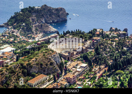 Luftaufnahme des griechischen Theater von Taormina Sizilien Stockfoto