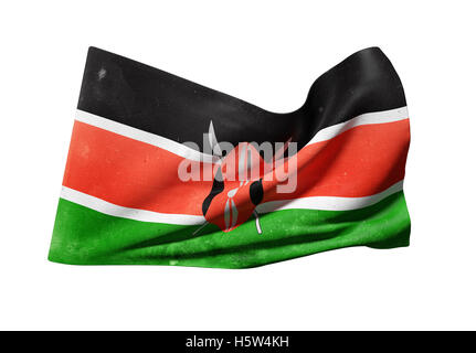 3D-Rendering ein alten und schmutzigen Kenia Fahnenschwingen auf weißem Hintergrund Stockfoto