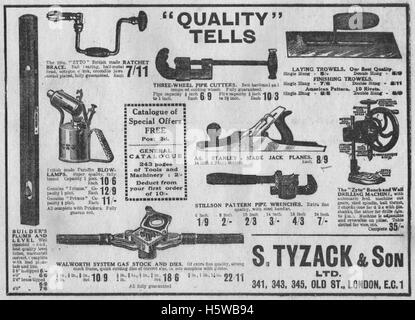 Vintage Werbung für Mitarbeiter Werkzeuge und Ausrüstung S. Tyzack & Sohn GmbH vom 20. Dezember 1935 der illustrierte Tischler und Builder Magazin Stockfoto