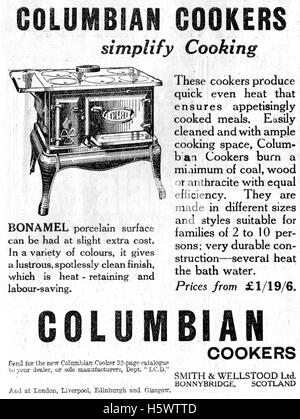 Vintage Anzeige für Gusseisen Columbian Holzofen Ofen oder Herd vom 20. Dezember 1935 in der Zeitschrift Illustrated Zimmermann und Baumeister Stockfoto