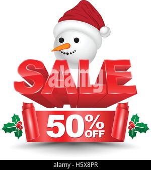 3D Weihnachten Verkauf 50 Prozent Rabatt auf roten Banner mit Schneemann Kopf für Weihnachts-Promotion-Werbung. Vektor-Illustration. Stock Vektor