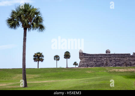 St. Saint Augustine Florida, Castillo de San Marcos National Monument, Wachposten, Mauer, Palmen, historisches Fort, FL160802028 Stockfoto