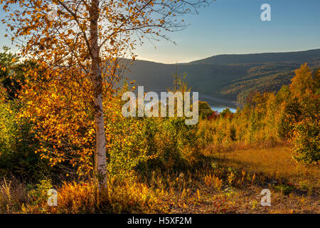 Colorful Autumn sunset on the Pepacton Reservoir seen from the Shaverton Trail in Andes in the Catskills Mountains of New York. Stockfoto