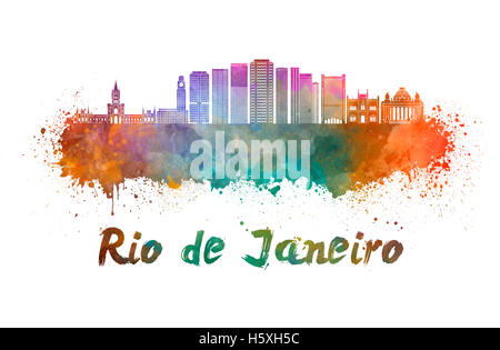 Skyline von Rio De Janeiro in Aquarell Spritzer mit Beschneidungspfad Stockfoto