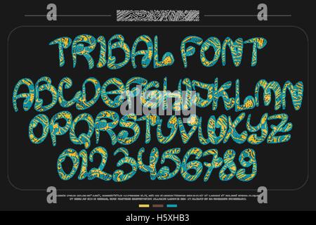 Tribal-Stil Alphabet Buchstaben und Zahlen auf schwarzem Hintergrund isoliert. Vektor-südamerikanischen Stamm Schriftart. ethnische Ornament c Stock Vektor