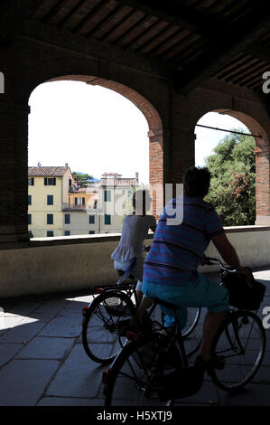 Lucca, Italien. Menschen, Radfahren entlang der Stadtmauer. Stockfoto