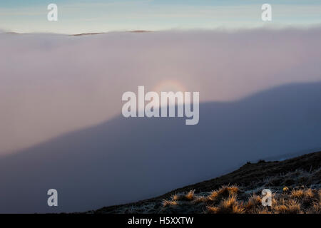 Das seltene Mountain Phänomen der ein Brocken Gespenst erscheint unter Heron Hecht auf der Fairfield-Hufeisen-Wanderung im Lake District Stockfoto