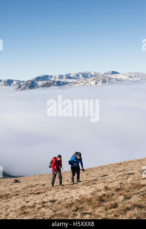 Zwei Bergsteiger steigen aus einer Winter-Temperatur-Inversion in Sonnenschein an den Hängen des großen Rigg, Fairfield in Richtung. Stockfoto