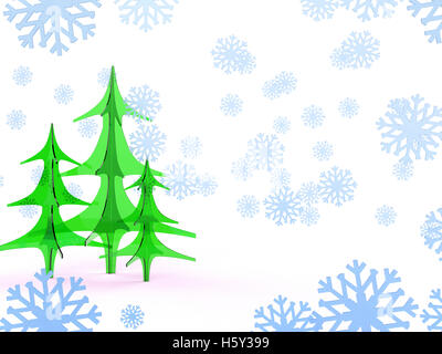 Gruppe von Glas Weihnachten Tannenbaum isoliert auf weißem Hintergrund mit Showflakes. Frohes neues Jahr Postkartendesign drucken 3d Illustration Konzept Stockfoto