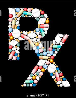 RX - Symbol für ärztliche Verschreibung - bestehend aus Tabletten und Kapseln. Stockfoto