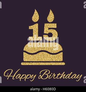 Die Geburtstagstorte mit Kerzen in Form von Nummer 15-Symbol. Geburtstag-Symbol. Gold funkeln und glitzern