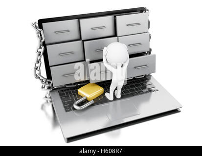 3D Renderer Bild. Weiße Leute über Aktenschränke Sicherheit besorgt. Datensicherheitskonzept. Isolierten weißen Hintergrund. Stockfoto