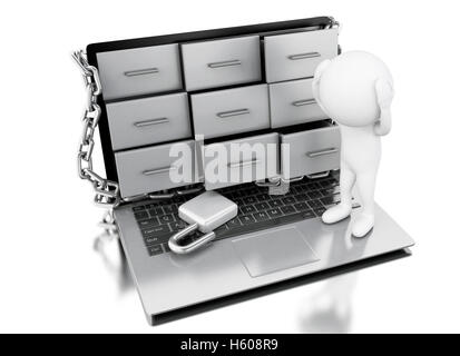 3D Renderer Bild. Weiße Leute über Aktenschränke Sicherheit besorgt. Datensicherheitskonzept. Isolierten weißen Hintergrund. Stockfoto