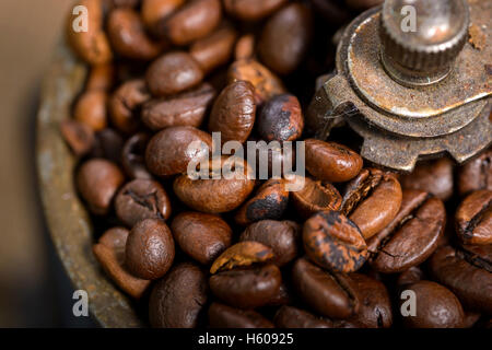 Makro-Kaffeebohnen in alte Kaffeemühle Stockfoto
