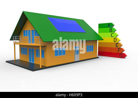 Haus und Energie-Effizienz-Diagramm, 3D-Rendering, auf dem weißen Hintergrund Stockfoto