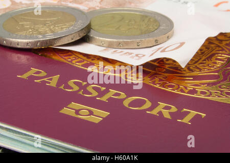 Britischen biometrischen Pass mit Euro Währung close-up Stockfoto