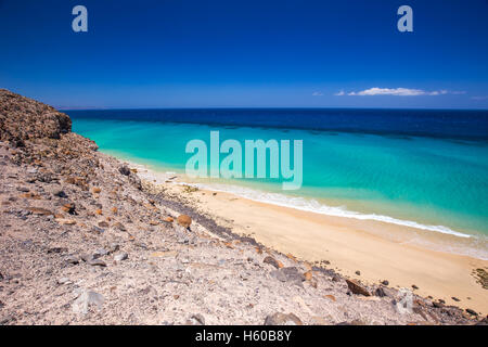 Esquinzo sandigen Strand mit vulkanischen Bergen, Jandia, Fuerteventura, Kanarische Inseln, Spanien Stockfoto