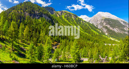 Albula pass mit berühmten Rhätischen Rilway und Schweizer Alpen, Schweiz, Europa. Stockfoto