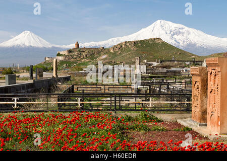 Armenischen Friedhof mit den beiden Gipfeln des Berges Ararat im Hintergrund. Stockfoto