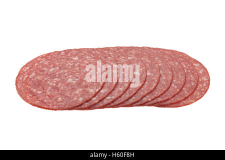 Salami Wurst Scheibe Closeup isoliert auf weißem Hintergrund Stockfoto