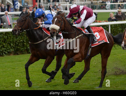 Soie D'Leau geritten von Tony Hamilton (rechts) schlägt Tithonus geritten von Killian Leonard (links), um die sunbets.co.uk Top Preis Templegate Tipps Handicap Stakes tagsüber Racing Post Trophy in Doncaster Racecourse gewinnen. Stockfoto