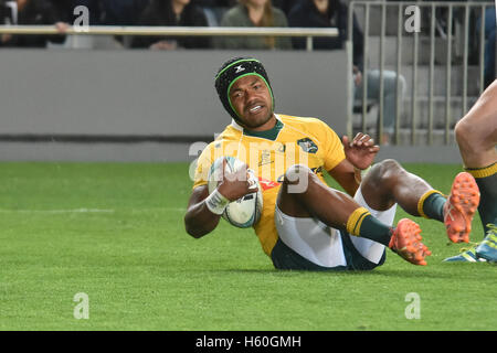 Auckland, Neuseeland. 22. Oktober 2016. Reece Hodge der Australia Wallabies erhält einen Versuch während der dritten Bledisloe Cup-Testspiel gegen New Zealand All Blacks. All Blacks Niederlagen Wallabies 37-10. Bildnachweis: Shirley Kwok/Pacific Press/Alamy Live-Nachrichten Stockfoto