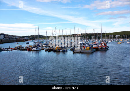 Yachten und kleine Boote gefesselt im Hafen von Falmouth, Cornwall, UK - späten Nachmittag Licht, Ende September Stockfoto