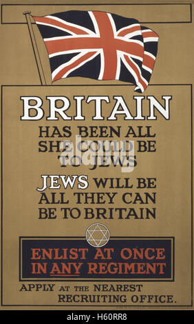 Britische WWI-Rekrutierung-Plakat mit britischer Flagge und Davidstern, gedruckt von Hill, Sifkin & Company, London, England, UK, 1915 Stockfoto