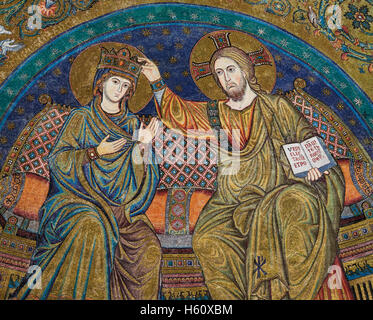 Christian-Art. Mosaik der Apsis. Die Krönung der Jungfrau. 5. Jahrhundert. Basilika Santa Maria Maggiore, Rom, Italien Stockfoto