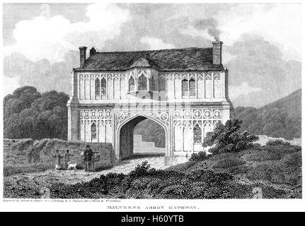 Eine Gravur der Malvern Abbey Gateway gescannt Worcestershire in hoher Auflösung aus einem Buch, gedruckt im Jahre 1812. Stockfoto