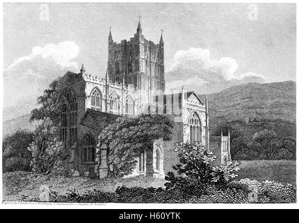 Eine Gravur der Great Malvern Kirche gescannt Worcestershire in hoher Auflösung aus einem Buch, gedruckt im Jahre 1812. Stockfoto