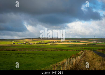Bauernhöfe und Windkraftanlagen in der Nähe von Evie auf Mainland Orkney, Schottland, UK Stockfoto